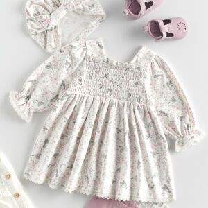 Reserved - Babies` dress & cap - Krémová